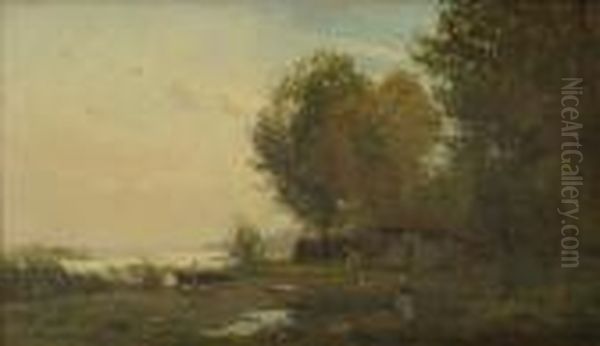 Laveuses Et Pecheurs Au Crepuscule Oil Painting by Edmond Marie Petitjean