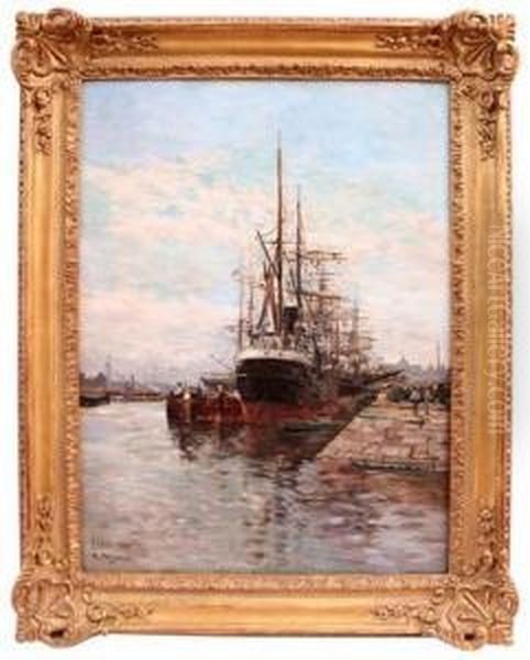 Tall Ships In A Harbour Oil Painting by Edmond Marie Petitjean