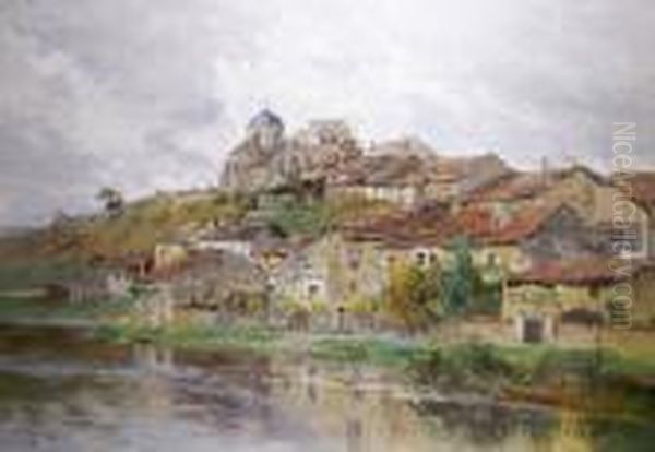 Village En Bord De Riviere by Edmond Marie Petitjean