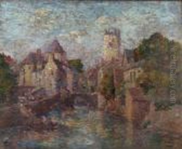 A French Riverside Town Oil Painting by Edmond Marie Petitjean