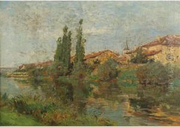 Village On The Edge Of A River Oil Painting by Edmond Marie Petitjean