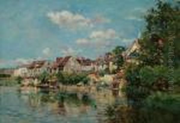 Vue D'un Village Au Bord De La Riviere Oil Painting by Edmond Marie Petitjean