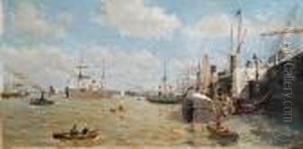 A Busy Harbour Oil Painting by Edmond Marie Petitjean