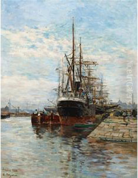 Tall Ships In A Harbor Oil Painting by Edmond Marie Petitjean