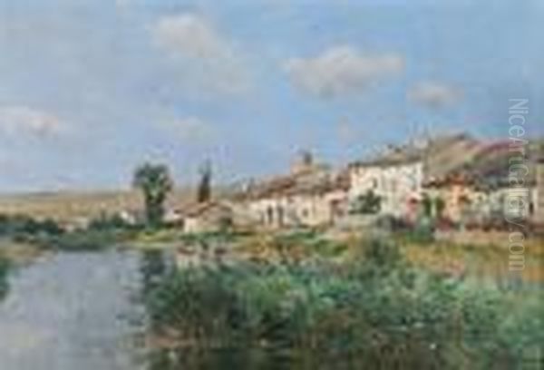  Village Et Lavandieres Au Bord De Lariviere En Saintonge  Oil Painting by Edmond Marie Petitjean