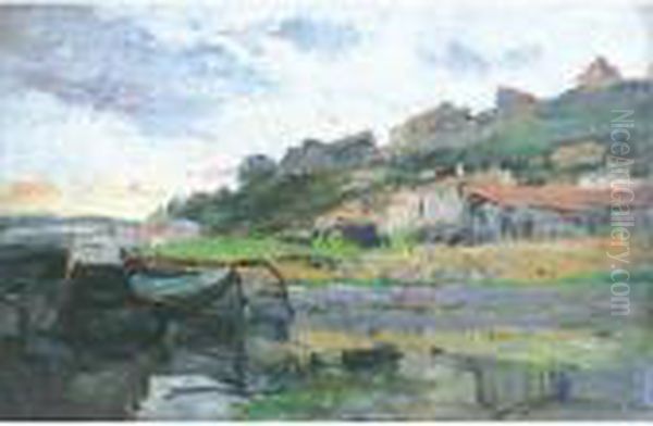 Village En Bord De Riviere Oil Painting by Edmond Marie Petitjean