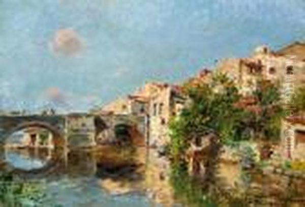 Village En Bord De Riviere Oil Painting by Edmond Marie Petitjean