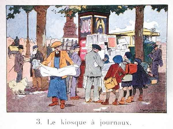 A Newspaper Kiosk in Paris, after 1918 Oil Painting by F. Raffin