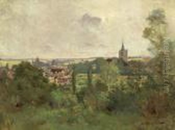 Landscape With View Over A Village. Oil Painting by Edmond Marie Petitjean