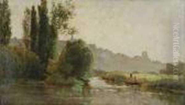 Etang Devant Une Ville Oil Painting by Edmond Marie Petitjean