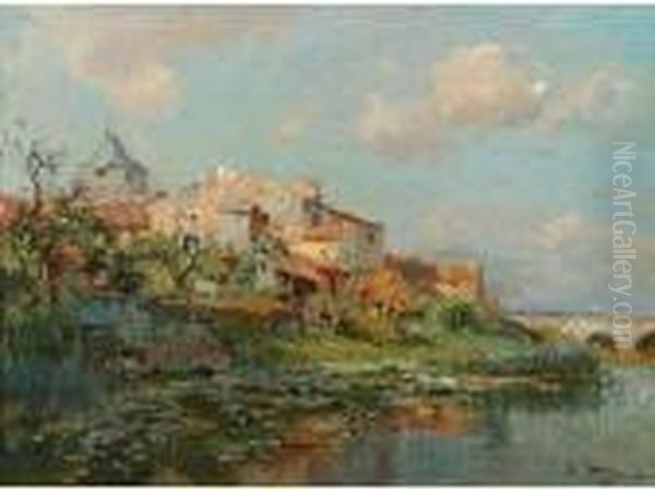 < Village Sur Lesbords De La Oil Painting by Edmond Marie Petitjean