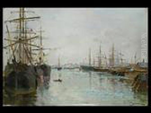 Hafenszene Mit Grossseglern In Antwerpen Oil Painting by Edmond Marie Petitjean