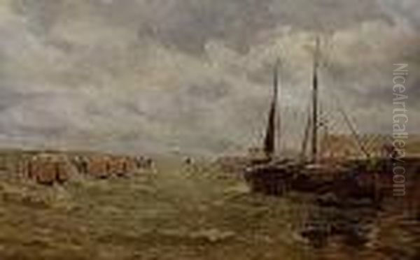 Bateaux Amarres Dans Un Port Du Nord Oil Painting by Edmond Marie Petitjean