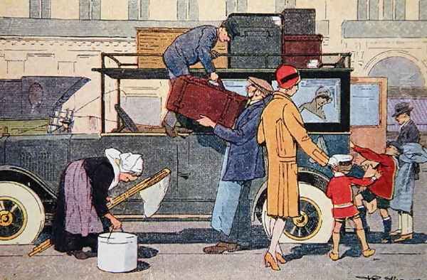 Leaving for the country, illustration from a school textbook, c.1920 Oil Painting by F. Raffin