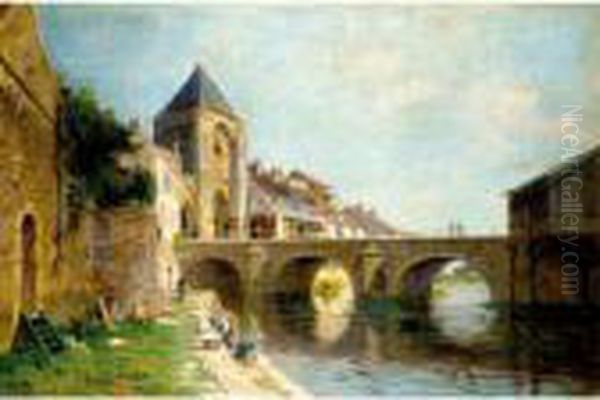 Les Lavandieres Oil Painting by Edmond Marie Petitjean