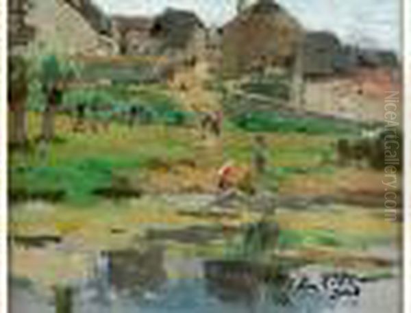 Lavandieres Pres Du Village Oil Painting by Edmond Marie Petitjean