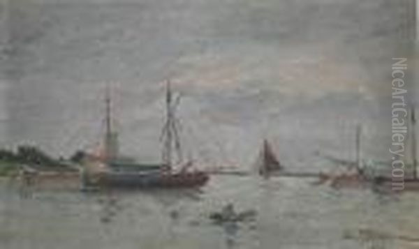 Bateaux En Hollande Oil Painting by Edmond Marie Petitjean