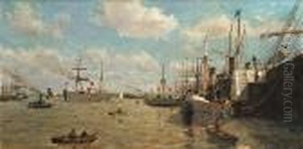 A Busy Harbour Oil Painting by Edmond Marie Petitjean