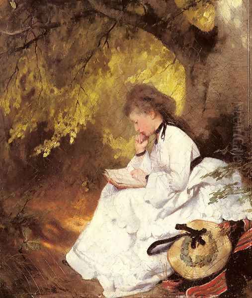 An Elegant Lady Reading Under a Tree Oil Painting by Karl Raupp