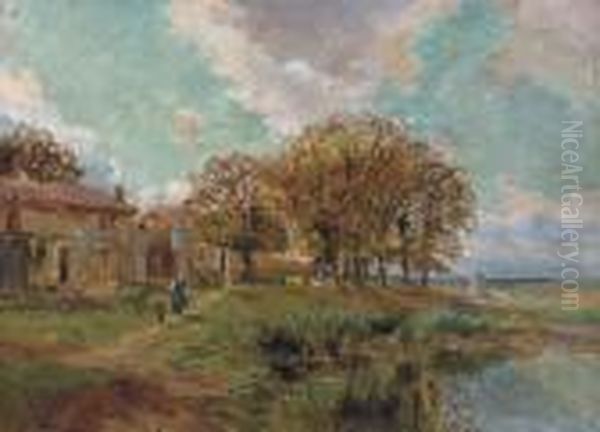 Ferme Au Bord De La Riviere Oil Painting by Edmond Marie Petitjean