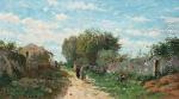 A Village Lane Oil Painting by Edmond Marie Petitjean