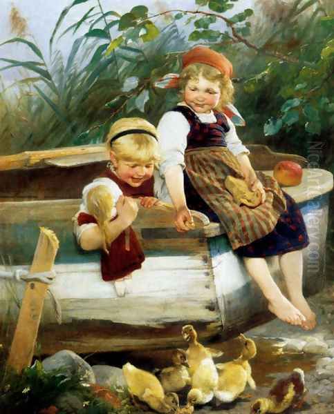 Feeding The Ducklings Oil Painting by Karl Raupp