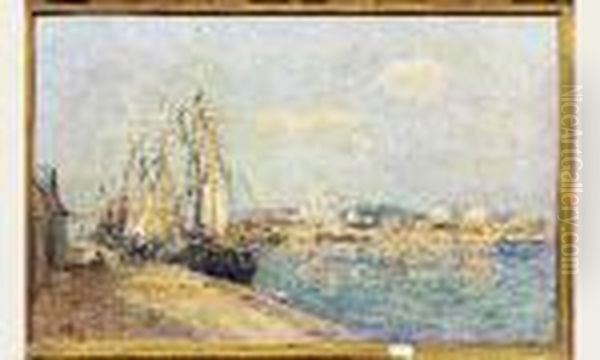 Le Port De Saint-gilles-croix-de-viehuile Sur Toile Signee En Bas A Gauche. Oil Painting by Edmond Marie Petitjean