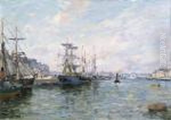 Ships In A Port Oil Painting by Edmond Marie Petitjean