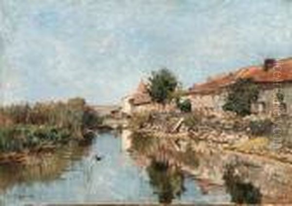 A Village By A River Oil Painting by Edmond Marie Petitjean