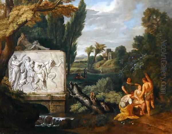 A Classical landscape with maidens dancing by a sarcophagus depicting the Triumph of Silenus 2 Oil Painting by Pieter Rysbrack