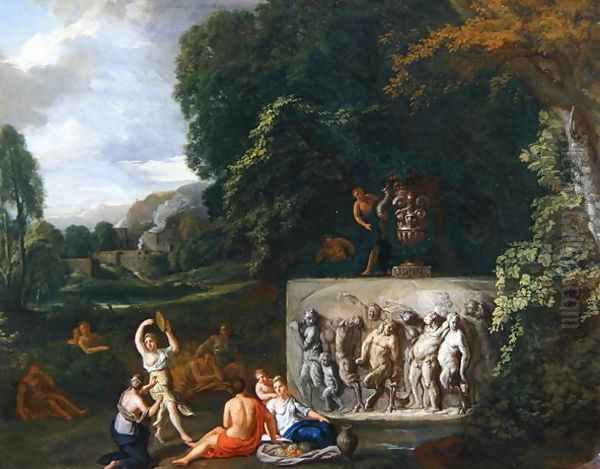 A Classical landscape with maidens dancing by a sarcophagus depicting the Triumph of Silenus Oil Painting by Pieter Rysbrack