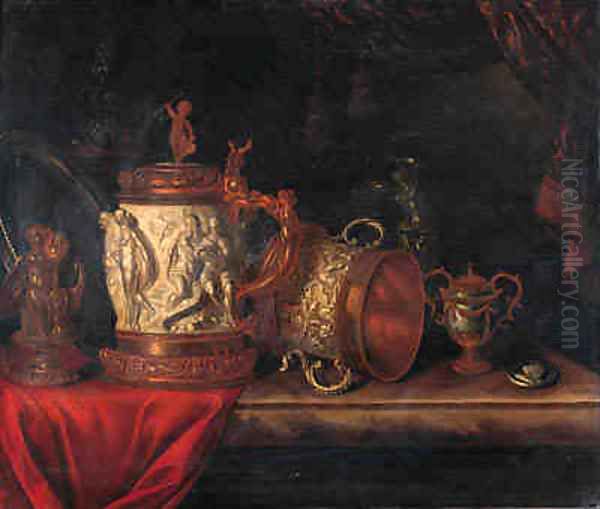 A pronk still life with a gilt dish, a gilt cup and cover, a bronze sculpture of a seated putto, an ormulo mounted carved ivory tankard Oil Painting by Pieter Gerritsz. van Roestraeten