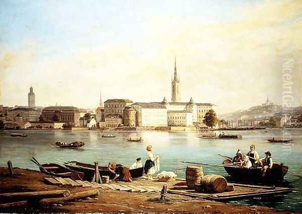 A view of Riddarholmen on Lake Malaven with the Ridarhuset and the Riddarholms church beyond, Stockholm Oil Painting by Martinus Rorbye