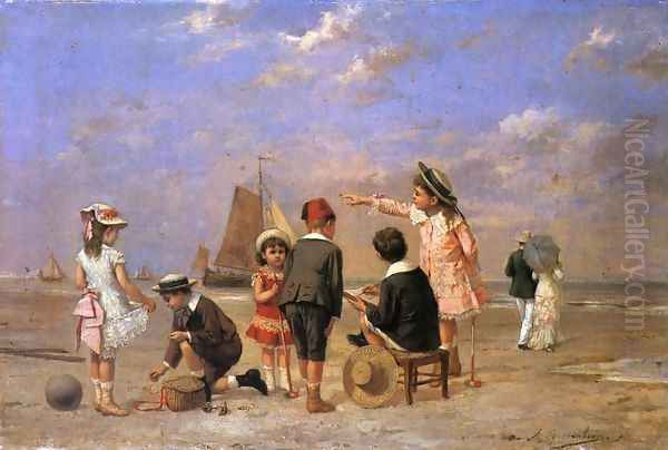 Children on the Beach Oil Painting by Albert Roosenboom