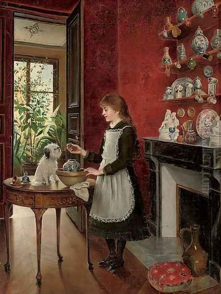 Young girl with her dog Oil Painting by Albert Roosenboom