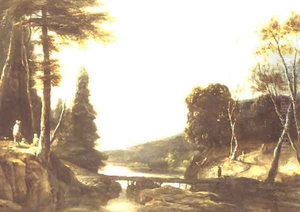 A rocky wooded river landscape with peasants on a path and herdsmen by a footbridge Oil Painting by Roelandt Roghman