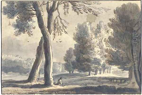 An extensive wooded landscape, a figure seated under a tree in the foreground Oil Painting by Roelandt Roghman