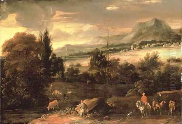 An extensive mountainous landscape with travellers on a path and a shepherd resting by a river with cattle watering Oil Painting by Roelandt Roghman