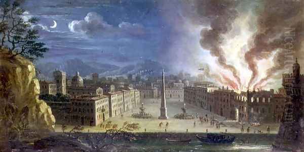 A piazza in an Italianate seaport with a building ablaze by night Oil Painting by Joseph Ruiz