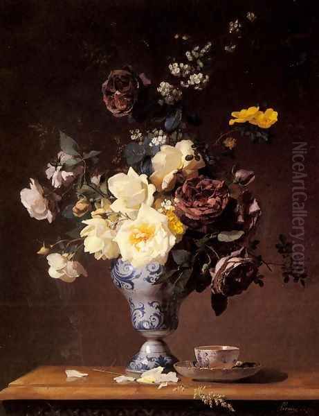 Roses and other Flowers in a blue and white Vase and a aTeacup on a Ledge Oil Painting by Francois Rivoire