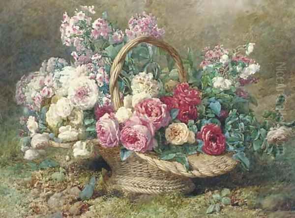 A basket of roses and hydrangeas on a mossy bank Oil Painting by Francois Rivoire