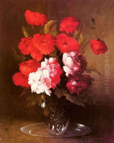 Pink Peonies and Poppies in a Glass Vase Oil Painting by Germain Theodure Clement Ribot