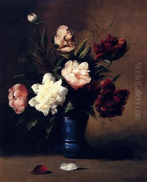 Peonies In A Blue Vase Oil Painting by Germain Theodure Clement Ribot