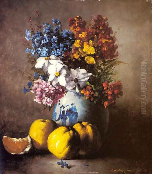 A Still Life with a Vase of Flowers and Fruit Oil Painting by Germain Theodure Clement Ribot