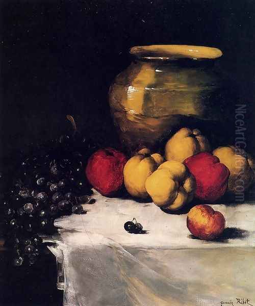 A Still Life With Apples And Grapes Oil Painting by Germain Theodure Clement Ribot