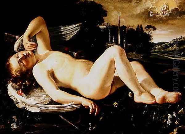 Cupid Asleep Approached by Venus in her Chariot Oil Painting by Orazio Riminaldi