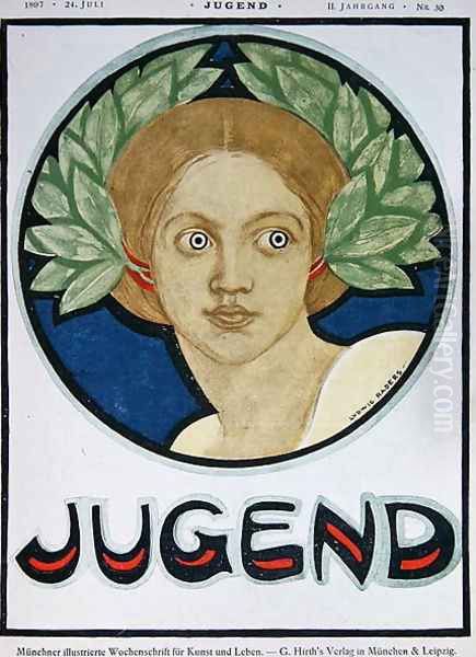 Young Woman with a wreath of laurel, illustration from Jugend Magazine, 24th July 1897 Oil Painting by Ludwig Raders