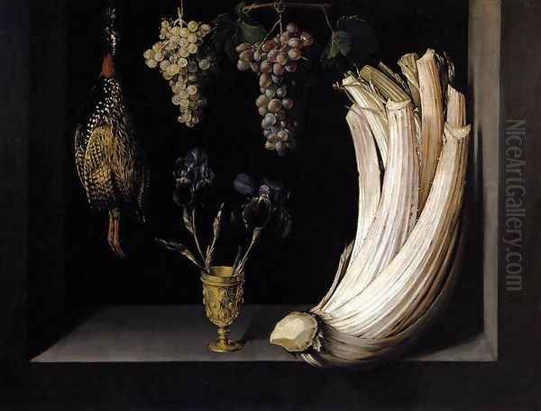 Still Life with Cardoon, Francolin, Grapes and Irises Oil Painting by Felipe Ramirez