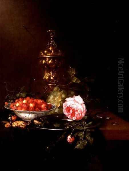 Still Life with a Bowl of Strawberries and a Rose, 1652 Oil Painting by Pieter de Ring