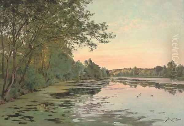 Still waters at dusk Oil Painting by Albert Gabriel Rigolot